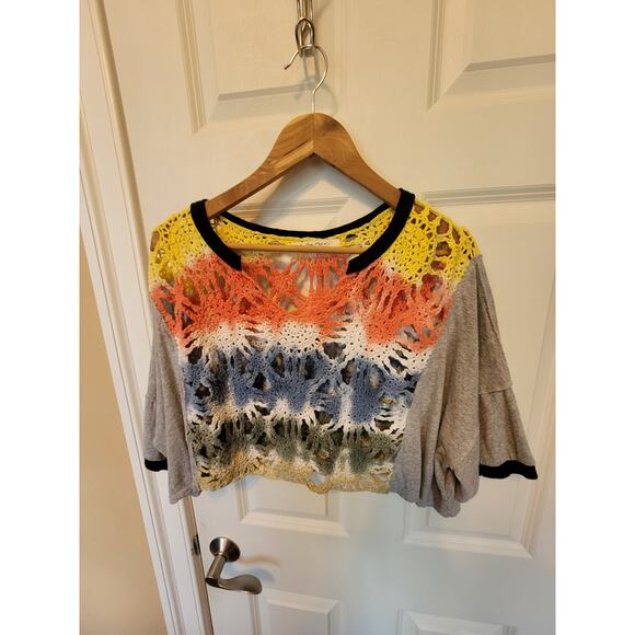 Free People Joshua Tee Crochet Pastel Open Weave Knit Tshirt Small - Picture 2 of 6